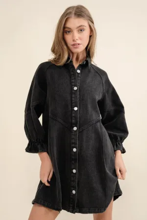 Washed Denim Puff 3/4 Slv Snap Up Shirt Dress Black