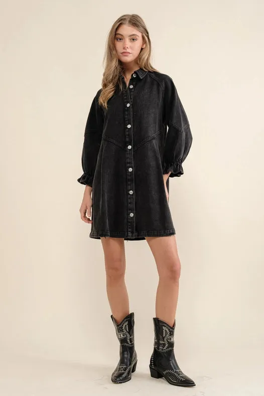 Washed Denim Puff 3/4 Slv Snap Up Shirt Dress Black