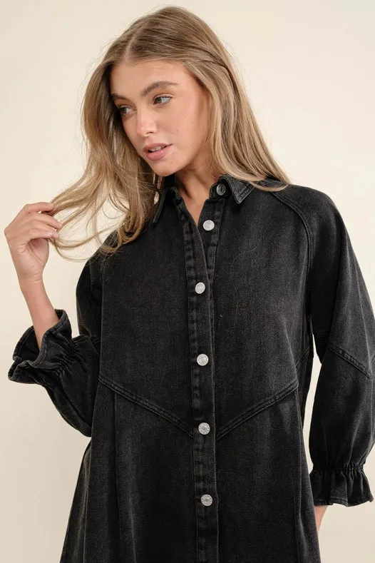 Washed Denim Puff 3/4 Slv Snap Up Shirt Dress Black