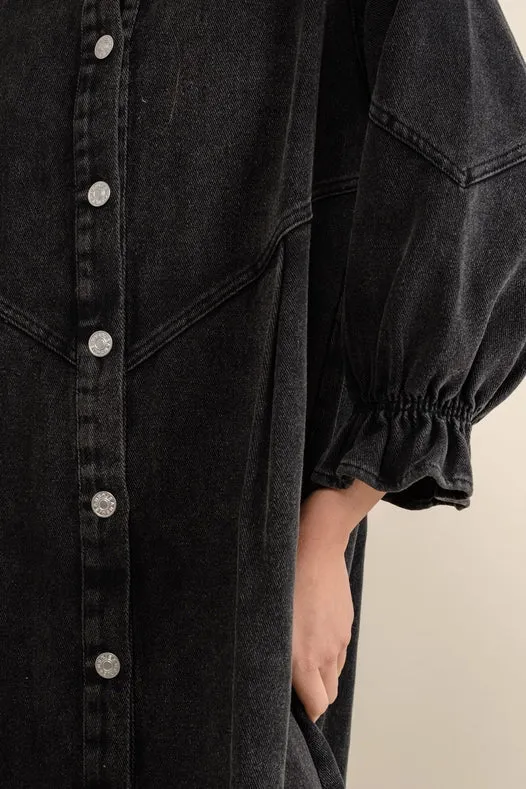 Washed Denim Puff 3/4 Slv Snap Up Shirt Dress Black