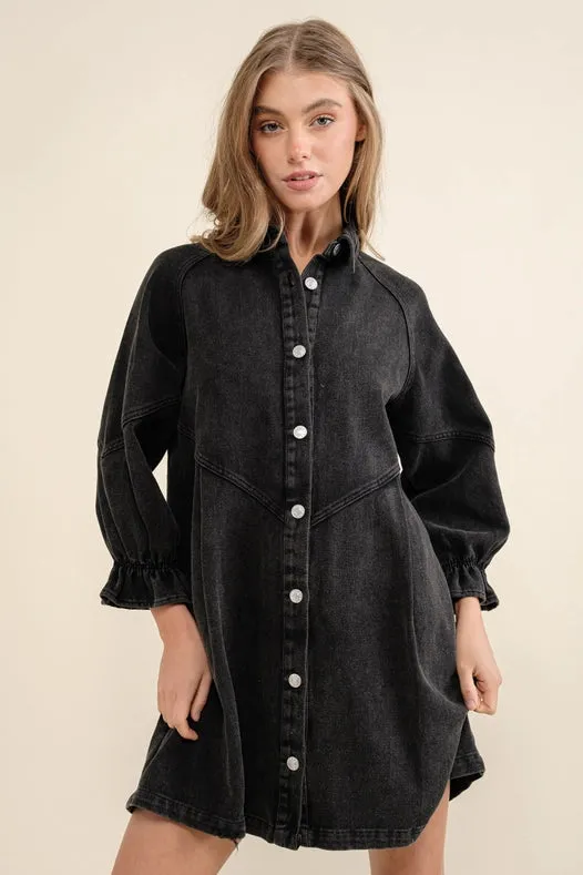 Washed Denim Puff 3/4 Slv Snap Up Shirt Dress Black