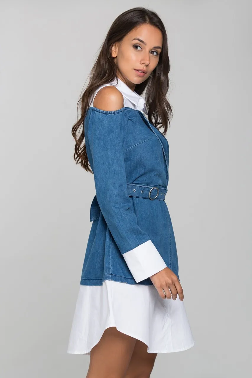 White and Denim Cold Shoulder Midi Dress