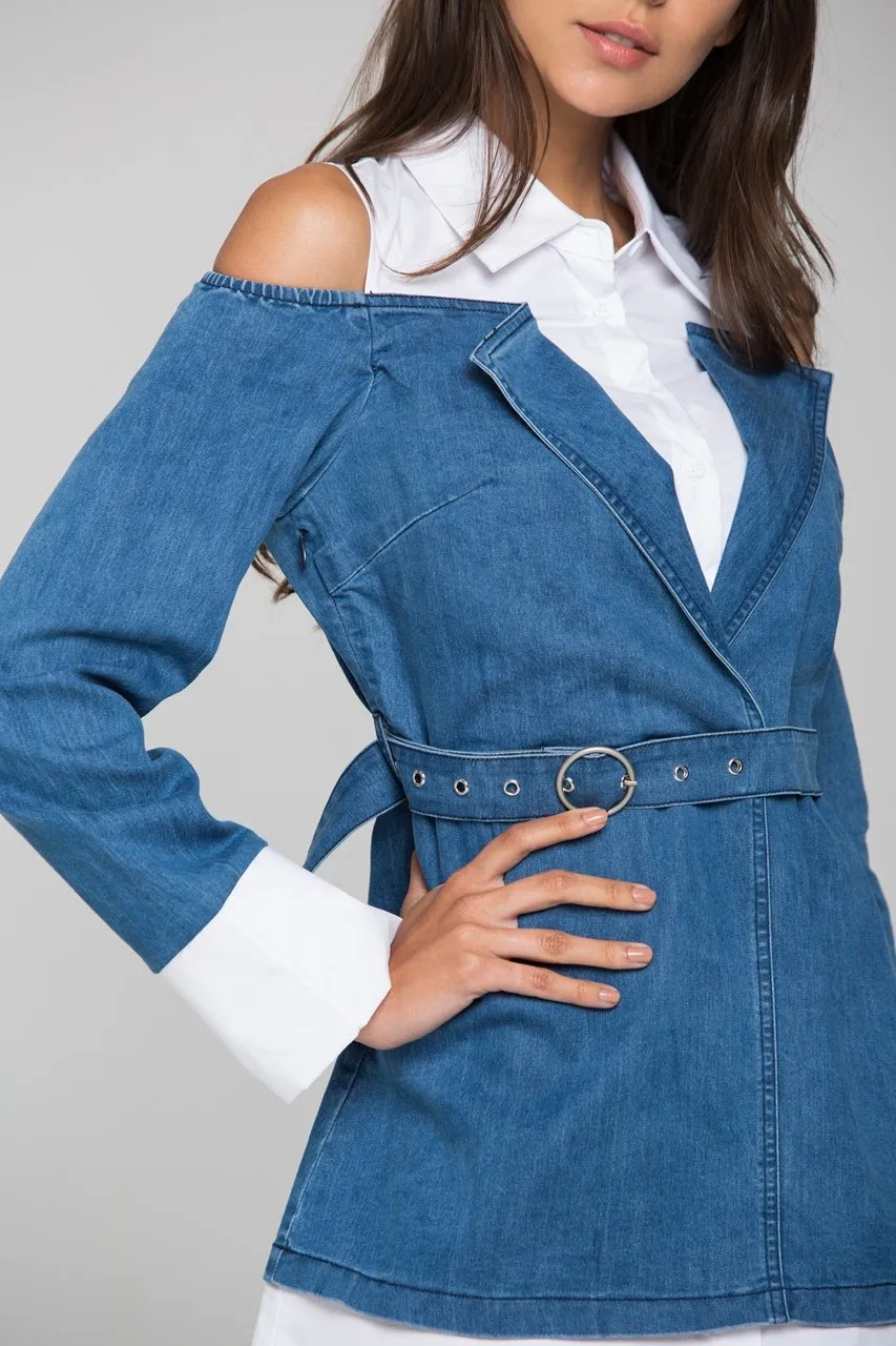 White and Denim Cold Shoulder Midi Dress