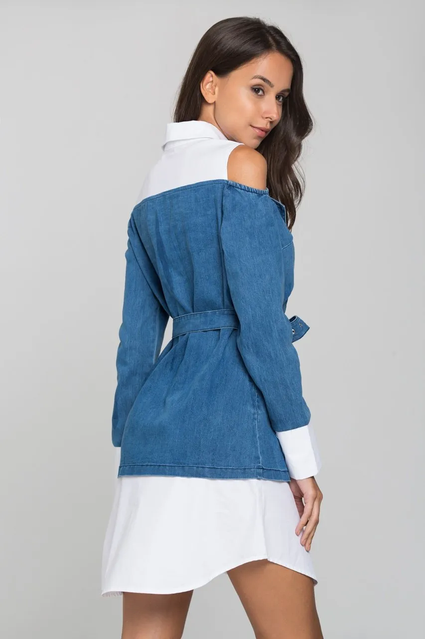 White and Denim Cold Shoulder Midi Dress
