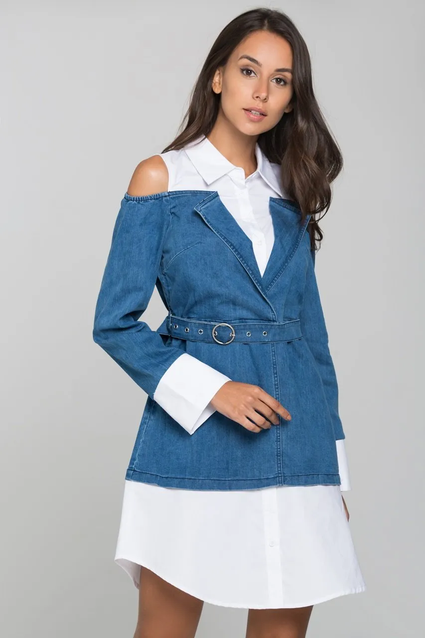 White and Denim Cold Shoulder Midi Dress