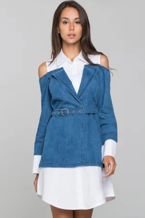 White and Denim Cold Shoulder Midi Dress