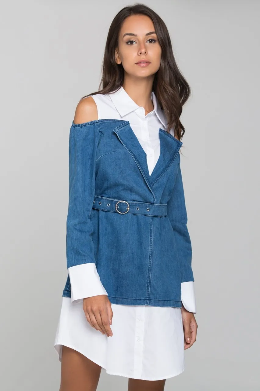 White and Denim Cold Shoulder Midi Dress