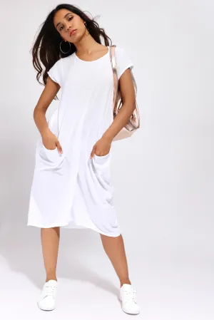 White Long T-Shirt Dress With Pockets