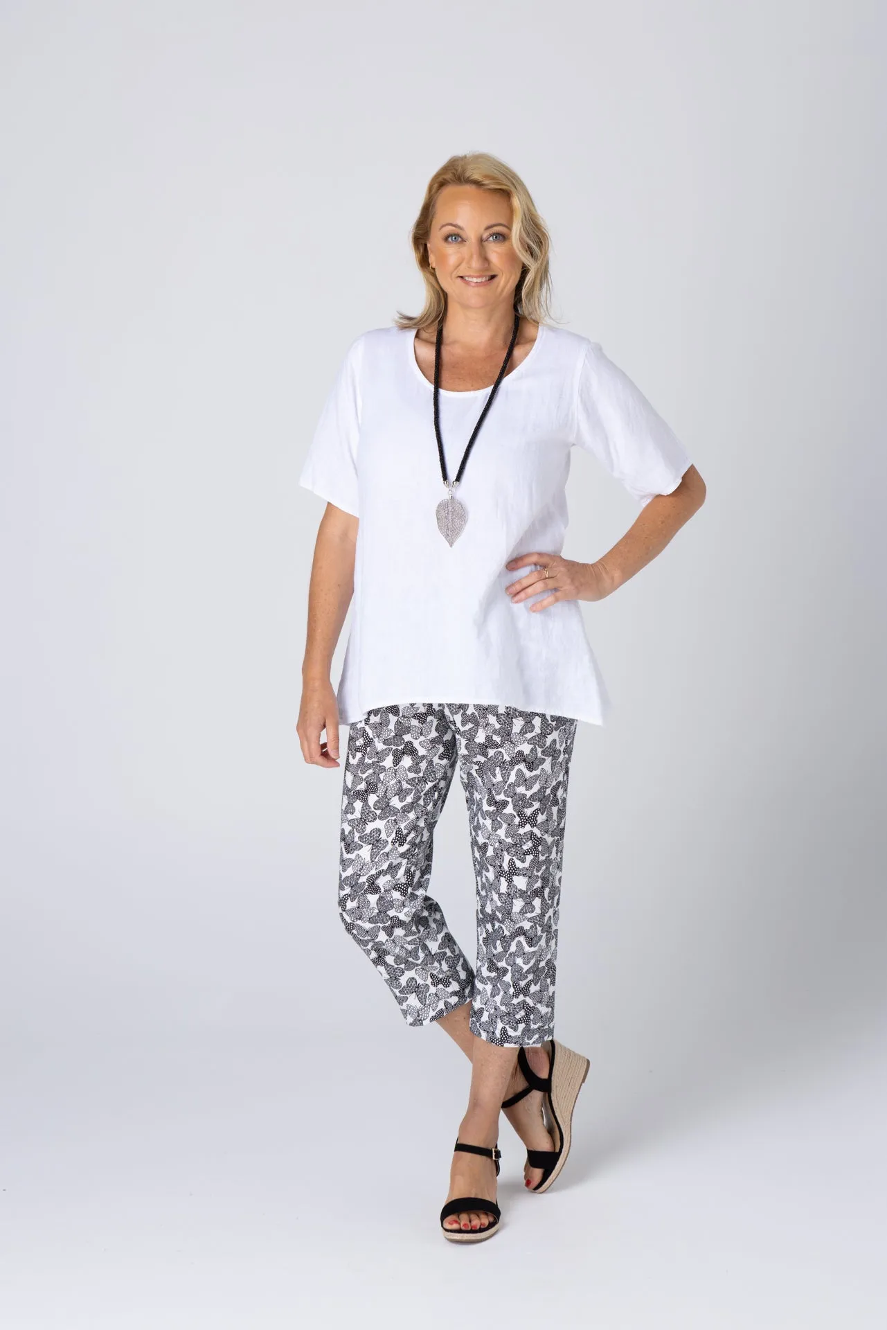 White Short Sleeve Linen Swing Shirt