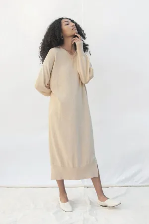 Wide V-neck sweater dress in oatmeal