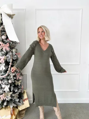 Winter Blooms Olive Knit Midi Dress FINAL SALE