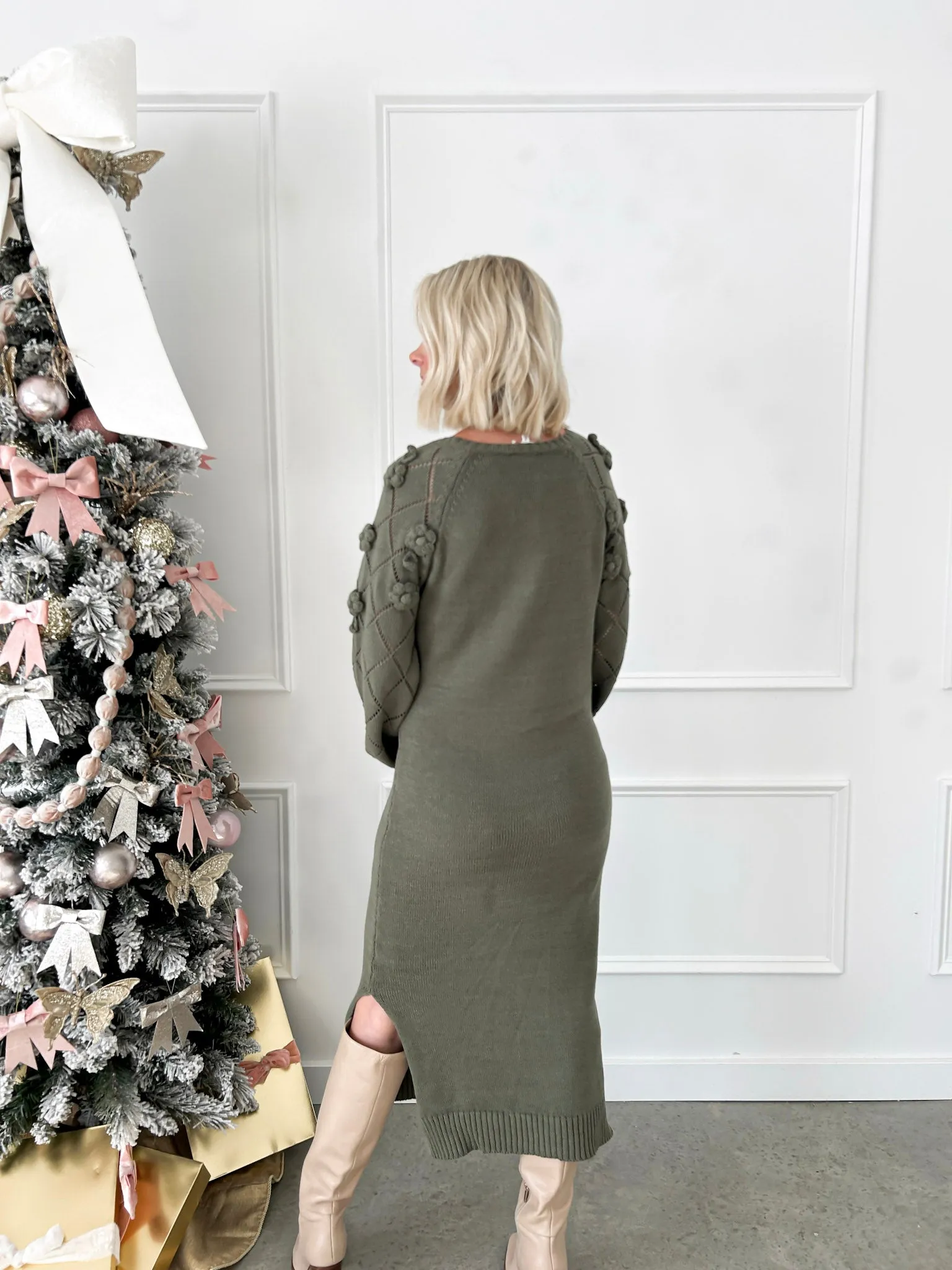 Winter Blooms Olive Knit Midi Dress FINAL SALE