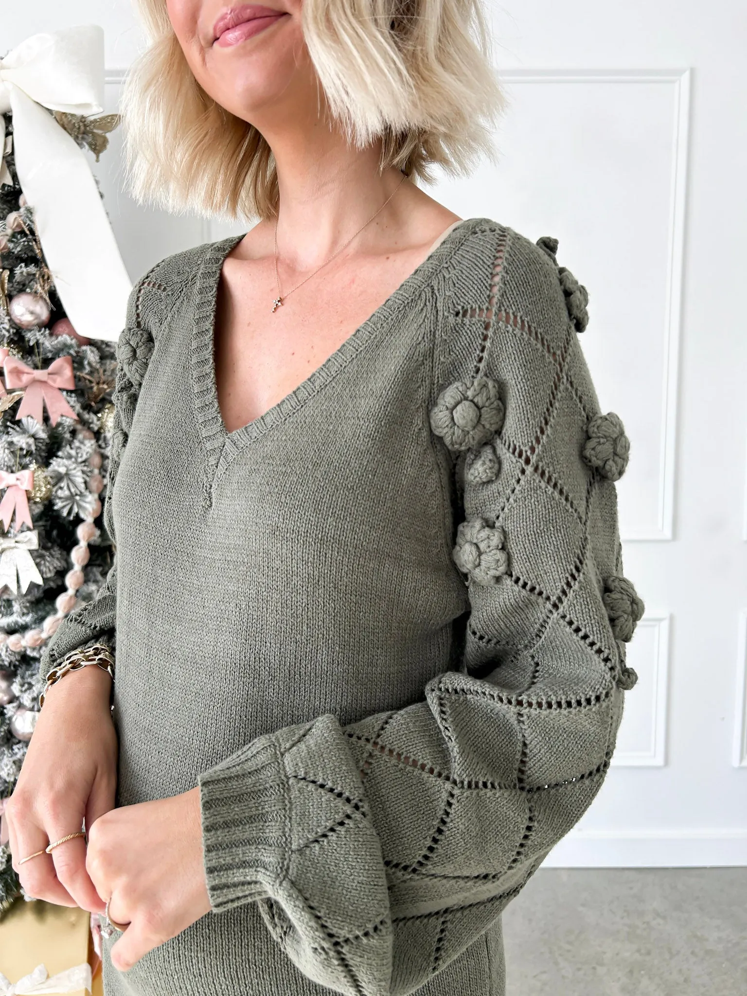 Winter Blooms Olive Knit Midi Dress FINAL SALE