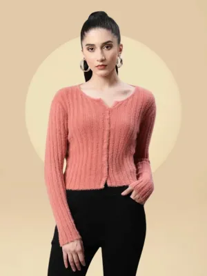 Women Feather Blush Pink Knit Slim Fit Casual Cardigan