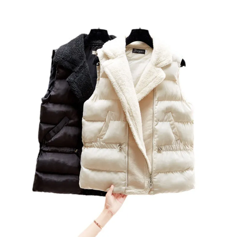 Women Lamb Wool Waist-tight Cotton Vest Coat, Korean Style.