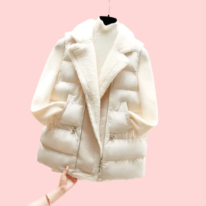 Women Lamb Wool Waist-tight Cotton Vest Coat, Korean Style.