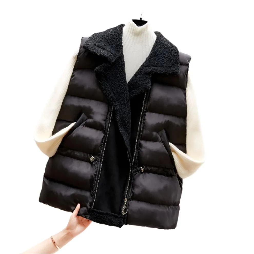 Women Lamb Wool Waist-tight Cotton Vest Coat, Korean Style.