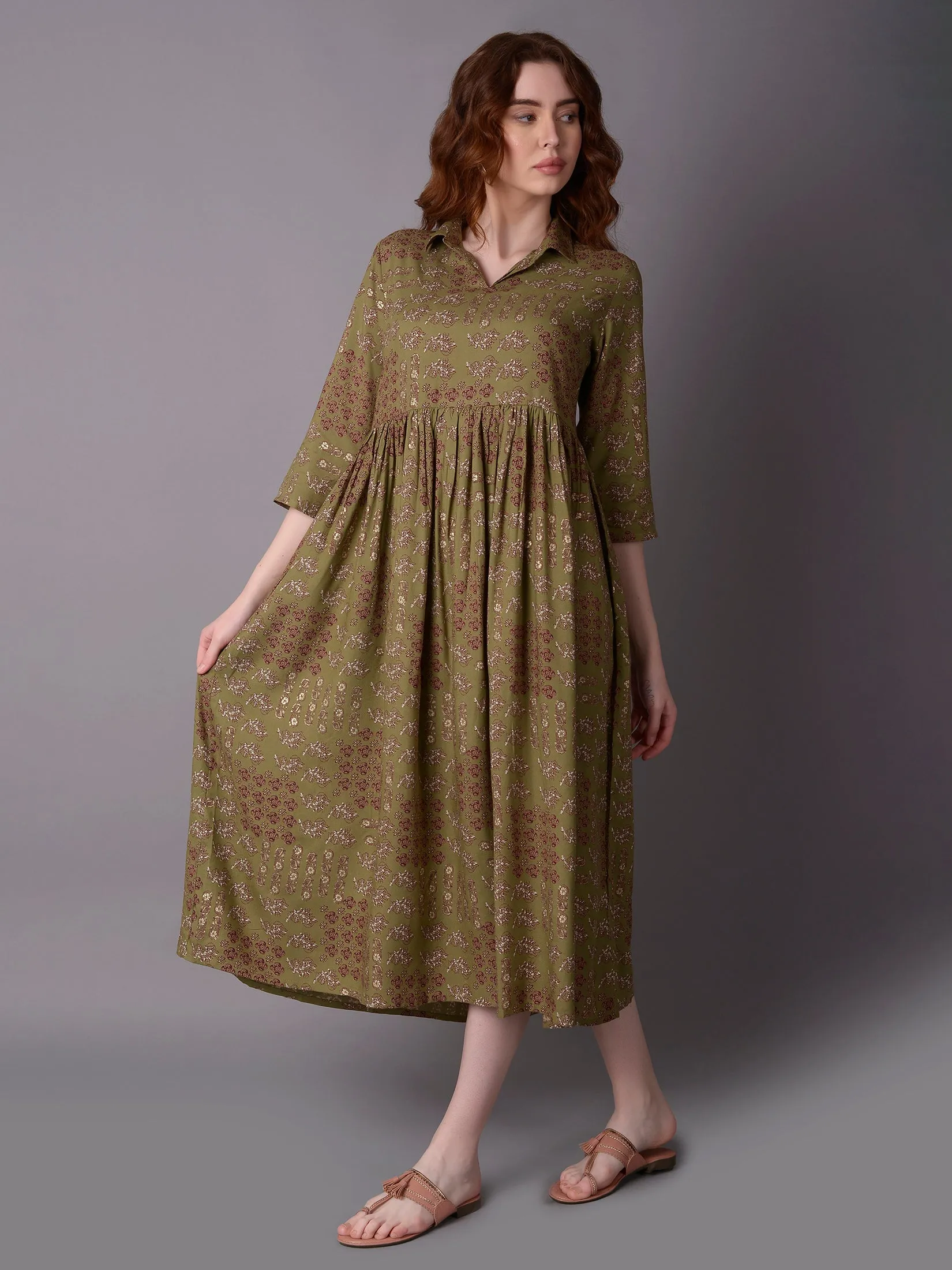 Women Olive Floral Printed Dress
