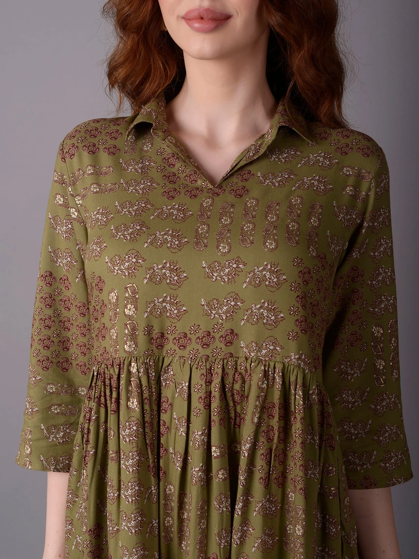 Women Olive Floral Printed Dress