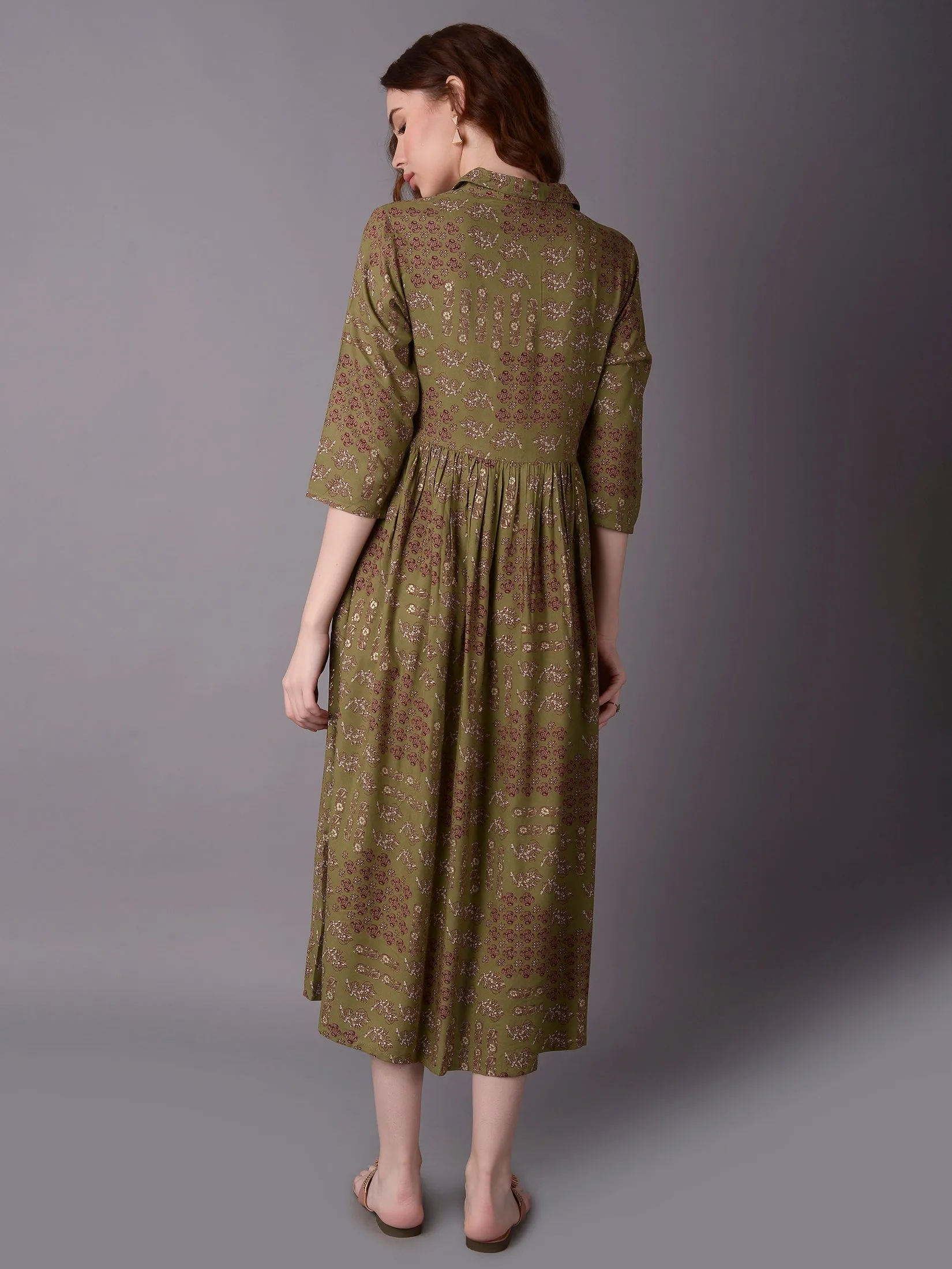 Women Olive Floral Printed Dress