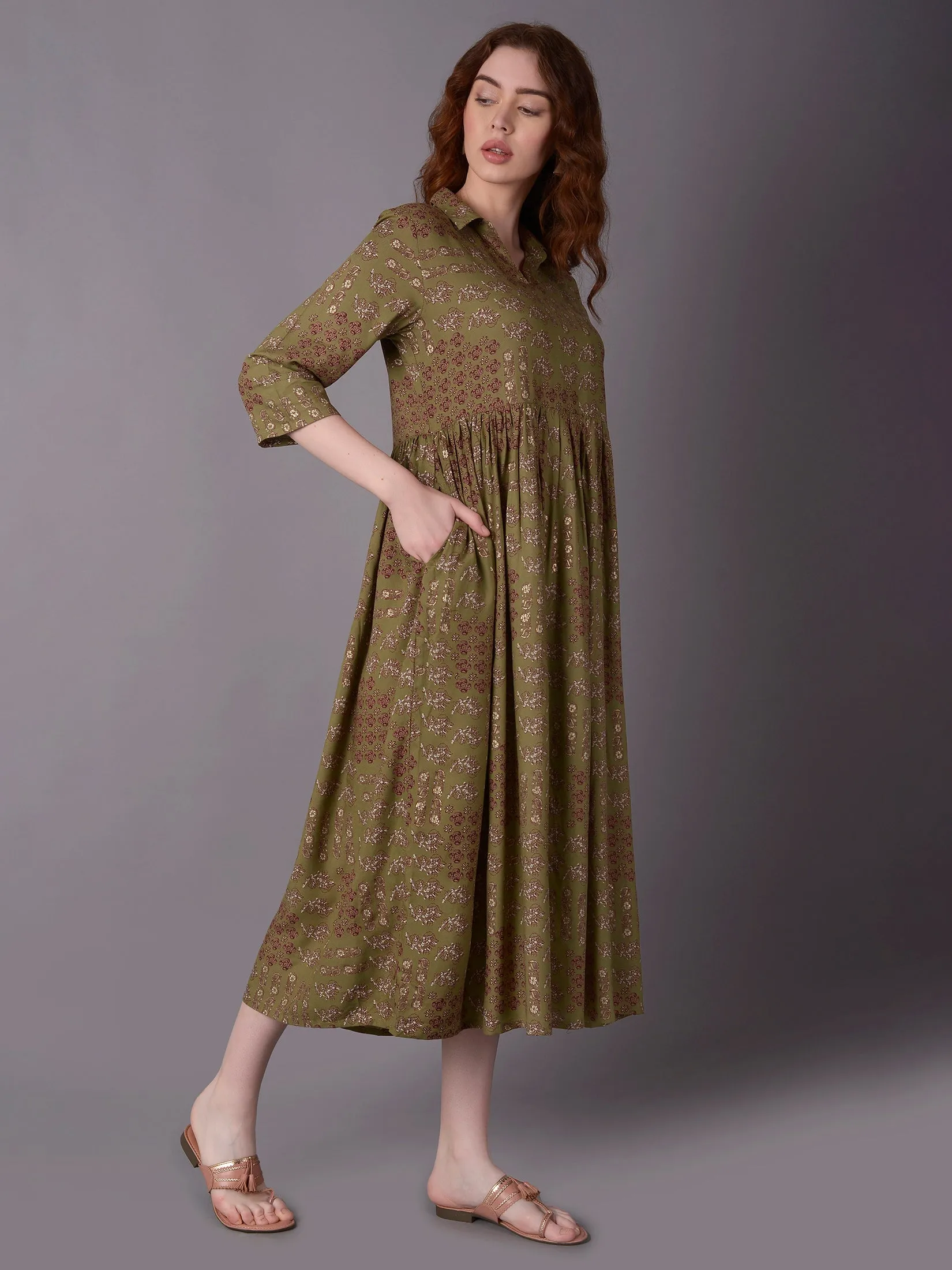 Women Olive Floral Printed Dress
