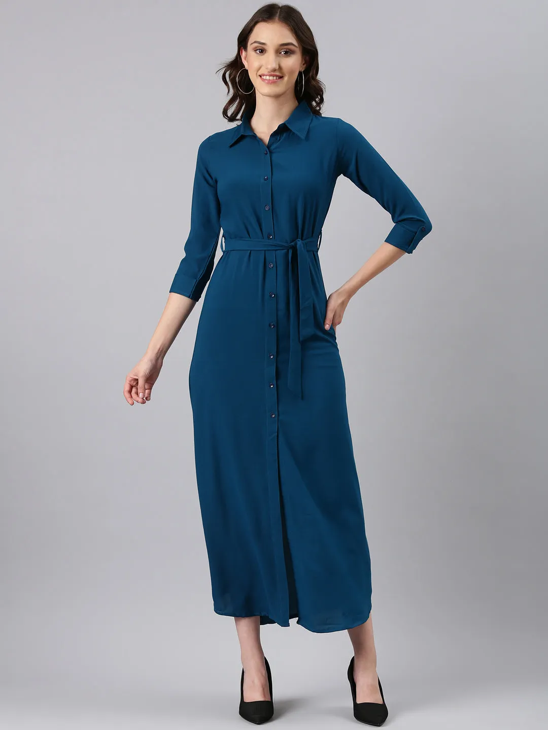 Women Teal Solid Shirt Dress