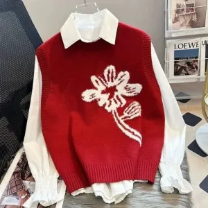Women Trendy Flower Simple Knitted O-Neck Sweater Vest