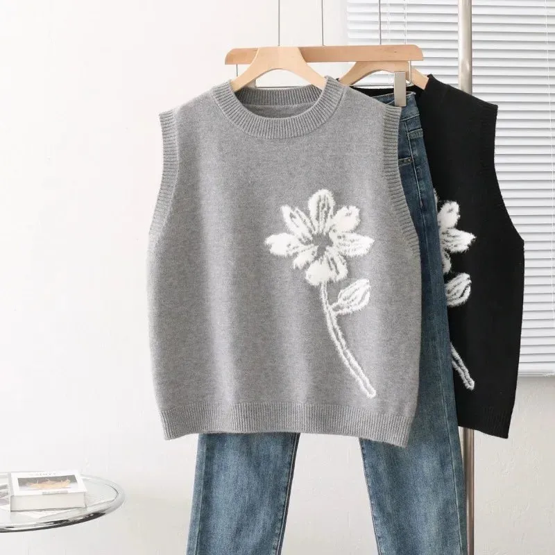 Women Trendy Flower Simple Knitted O-Neck Sweater Vest