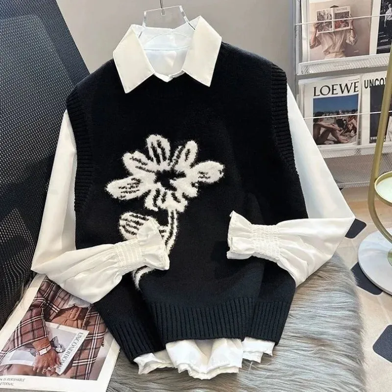 Women Trendy Flower Simple Knitted O-Neck Sweater Vest