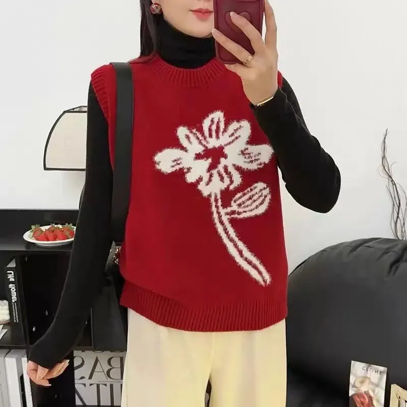 Women Trendy Flower Simple Knitted O-Neck Sweater Vest