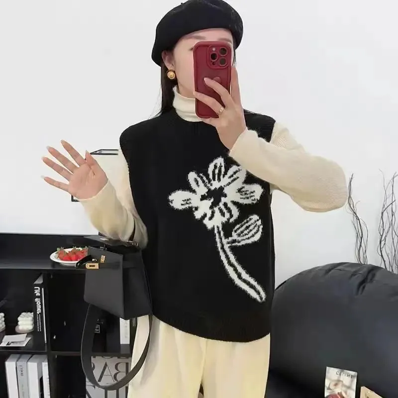 Women Trendy Flower Simple Knitted O-Neck Sweater Vest