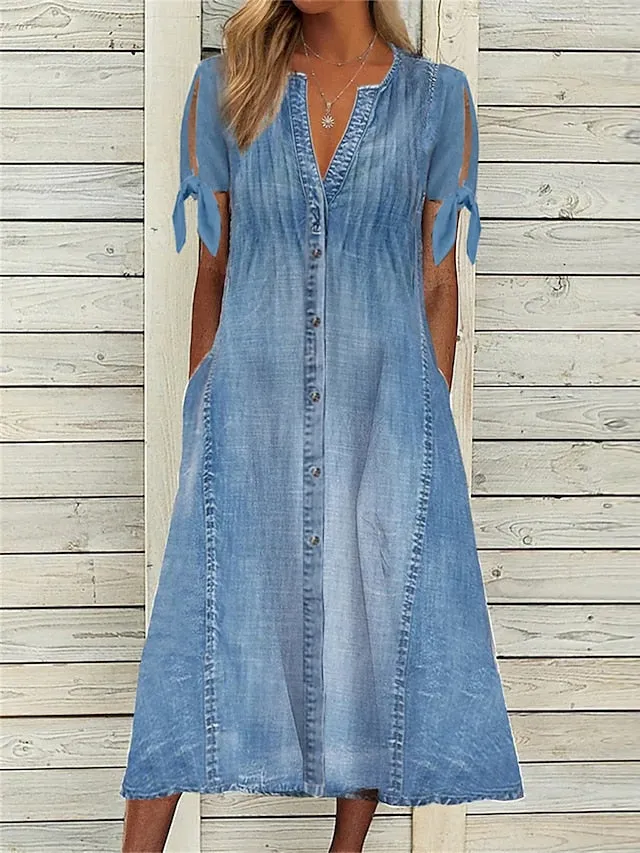 Women's Casual Dress Denim Shirt Dress Midi Dress Denim Classic Modern Outdoor Daily Vacation V Neck Ruched Button Short Sleeve Summer Spring 2023 Regular Fit Blue Plain S M L XL 2XL