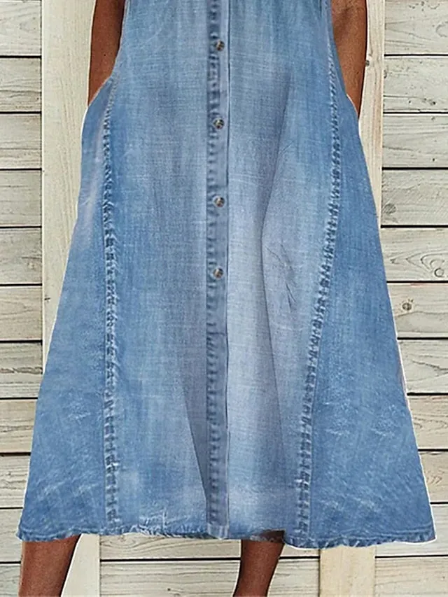 Women's Casual Dress Denim Shirt Dress Midi Dress Denim Classic Modern Outdoor Daily Vacation V Neck Ruched Button Short Sleeve Summer Spring 2023 Regular Fit Blue Plain S M L XL 2XL