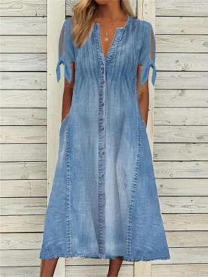 Women's Casual Dress Denim Shirt Dress Midi Dress Denim Classic Modern Outdoor Daily Vacation V Neck Ruched Button Short Sleeve Summer Spring 2023 Regular Fit Blue Plain S M L XL 2XL