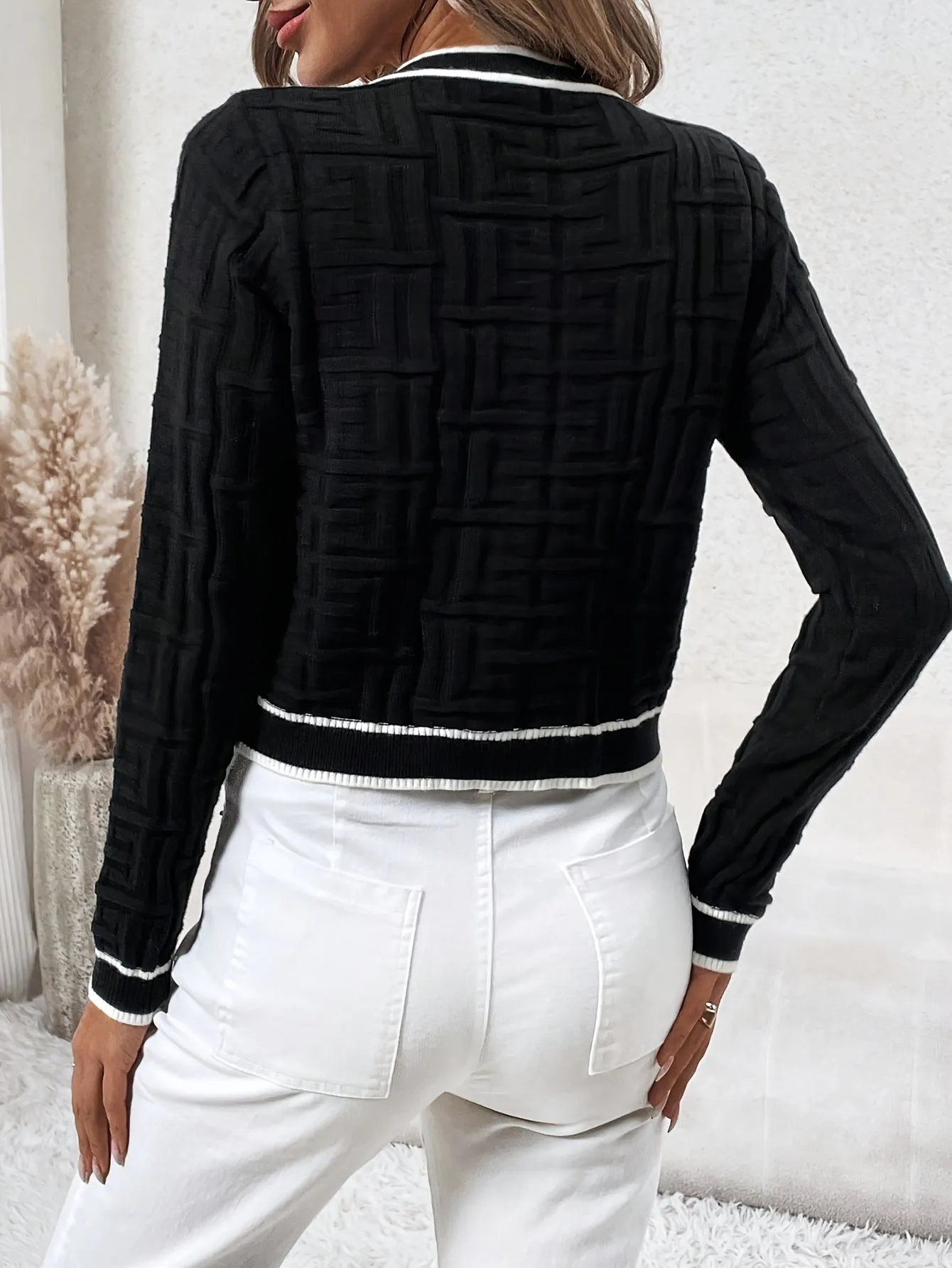 Women's Contrast Trim Button Front Knit Cardigan, Elegant Long Sleeve Slim Crop Cardigan For Spring & Fall