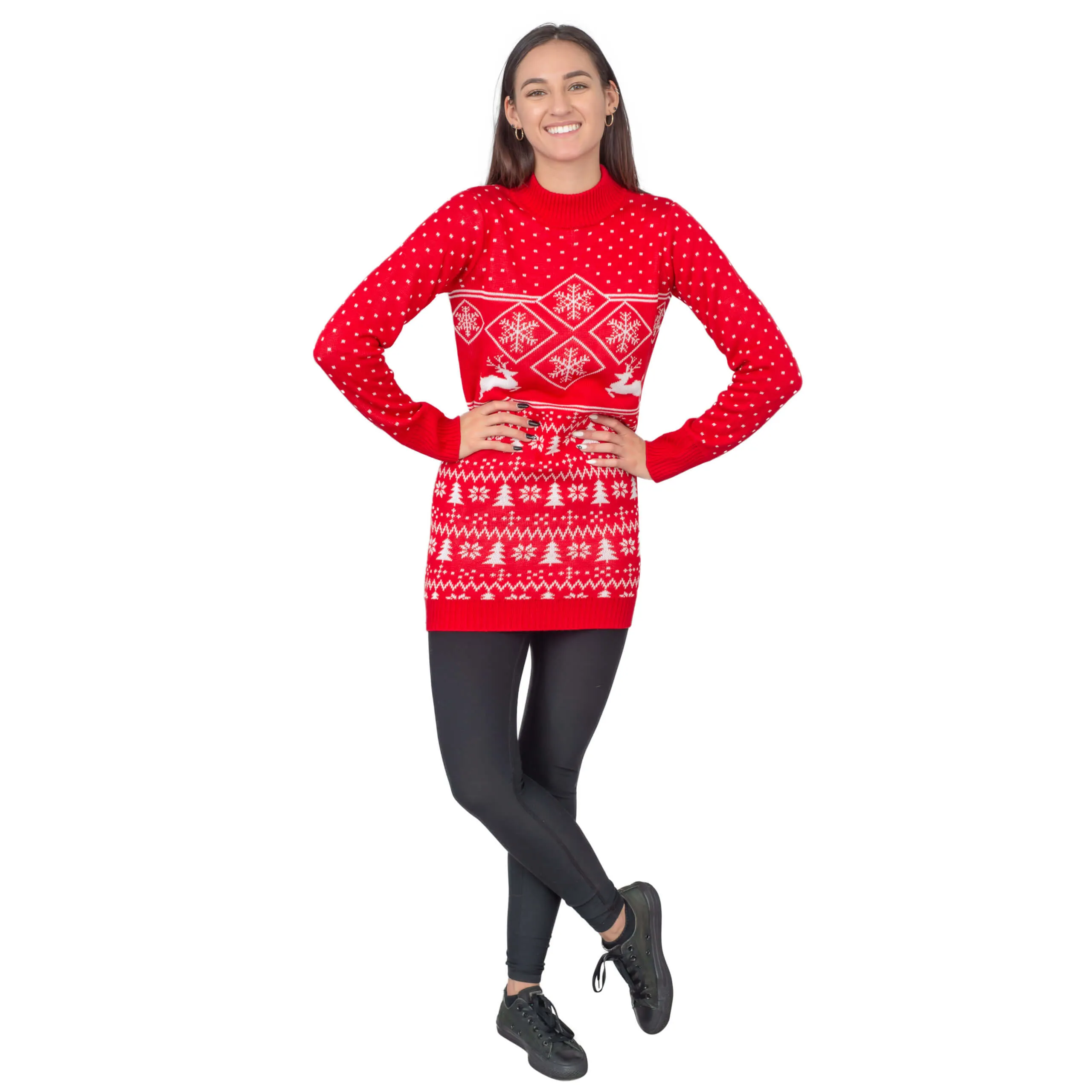 Women's JulesRoche Ugly Christmas Sweater Dress with Red Reindeer