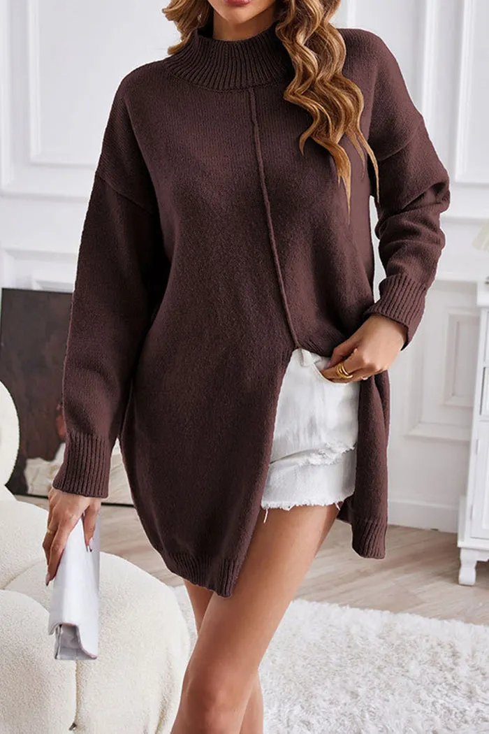 Women's Oversized Khaki Knit Turtleneck Jumper with Slit | Ideal for Autumn/Winter