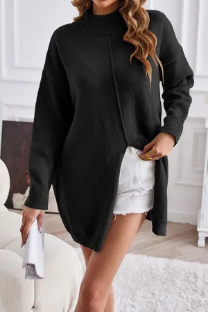 Women's Oversized Khaki Knit Turtleneck Jumper with Slit | Ideal for Autumn/Winter