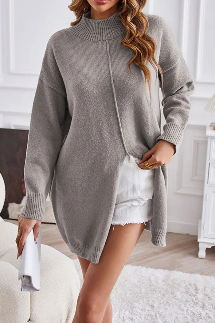 Women's Oversized Khaki Knit Turtleneck Jumper with Slit | Ideal for Autumn/Winter