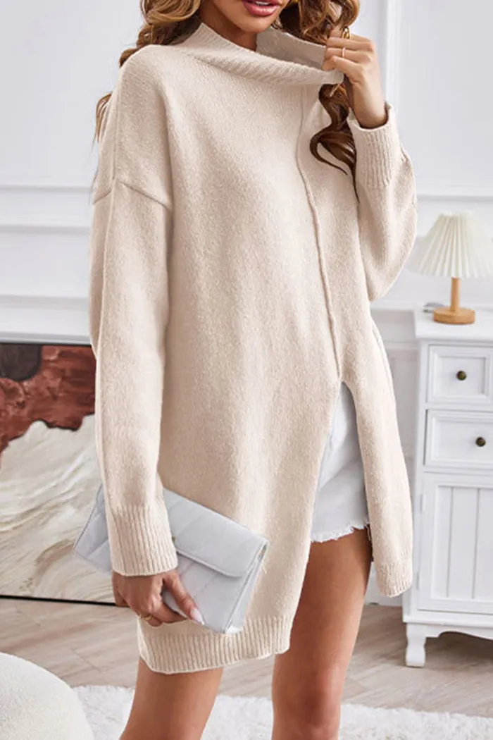 Women's Oversized Khaki Knit Turtleneck Jumper with Slit | Ideal for Autumn/Winter