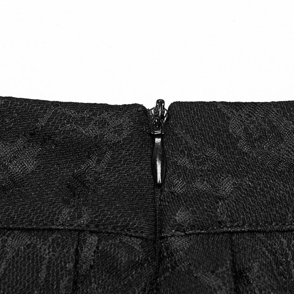 Women's Punk Lace Splice Black Pleated Skirt with Chain