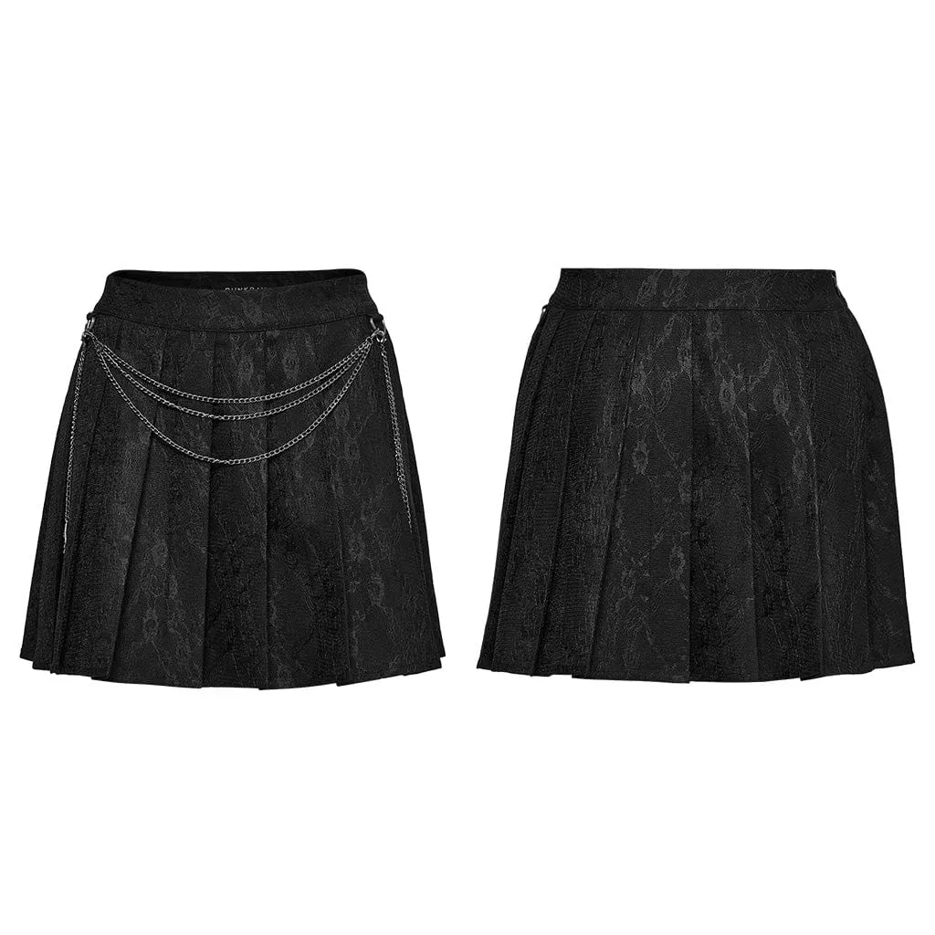 Women's Punk Lace Splice Black Pleated Skirt with Chain