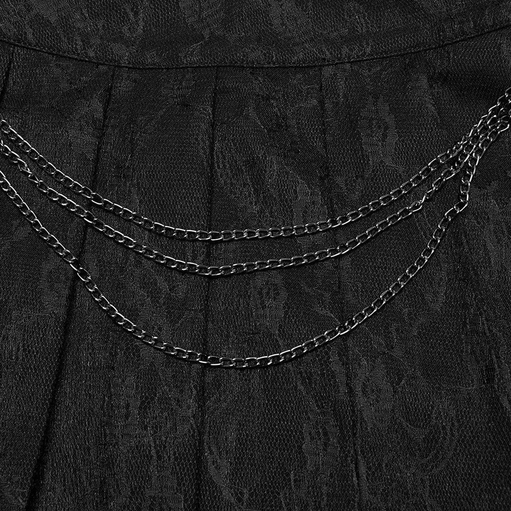 Women's Punk Lace Splice Black Pleated Skirt with Chain