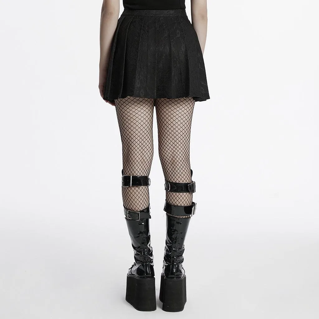 Women's Punk Lace Splice Black Pleated Skirt with Chain