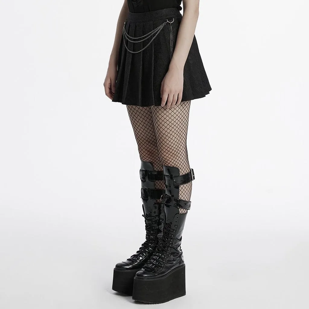 Women's Punk Lace Splice Black Pleated Skirt with Chain