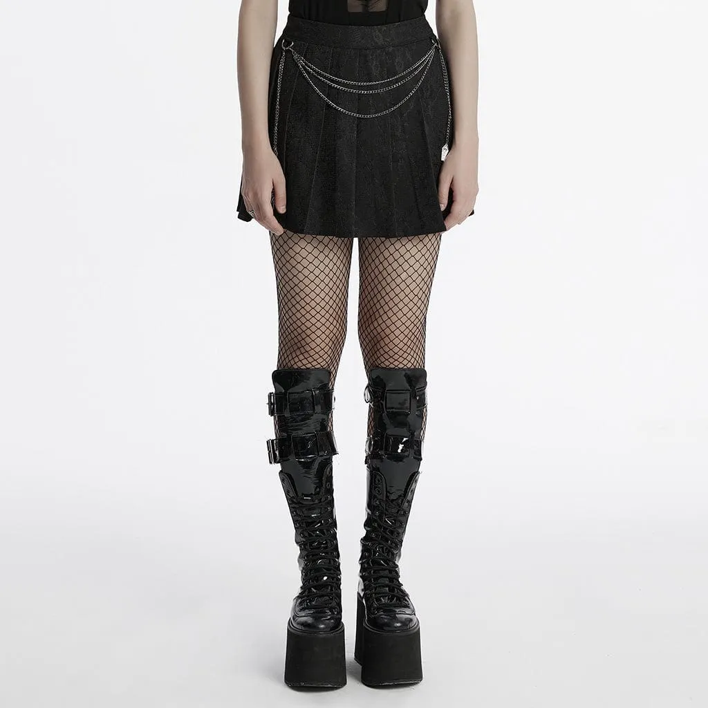 Women's Punk Lace Splice Black Pleated Skirt with Chain