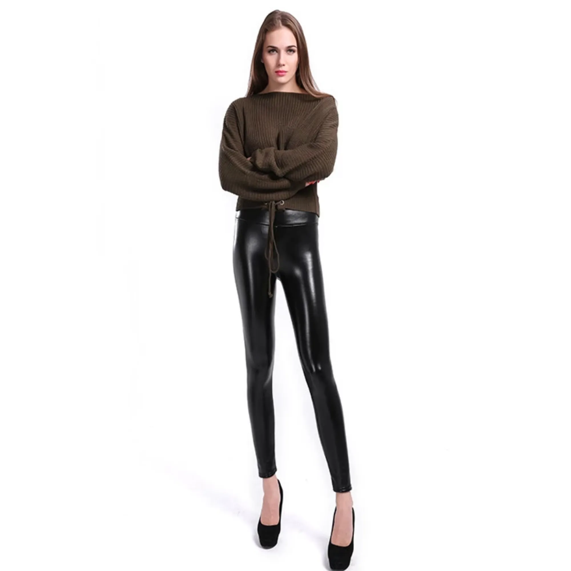 Women's Winter Casual High-Waist Faux Leather Warm Leggings