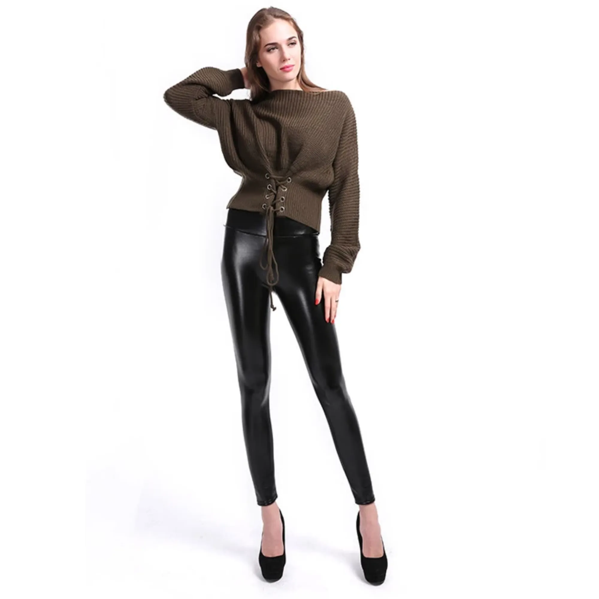 Women's Winter Casual High-Waist Faux Leather Warm Leggings