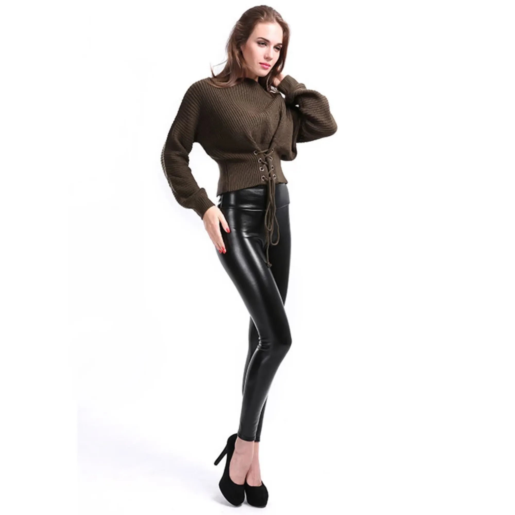 Women's Winter Casual High-Waist Faux Leather Warm Leggings