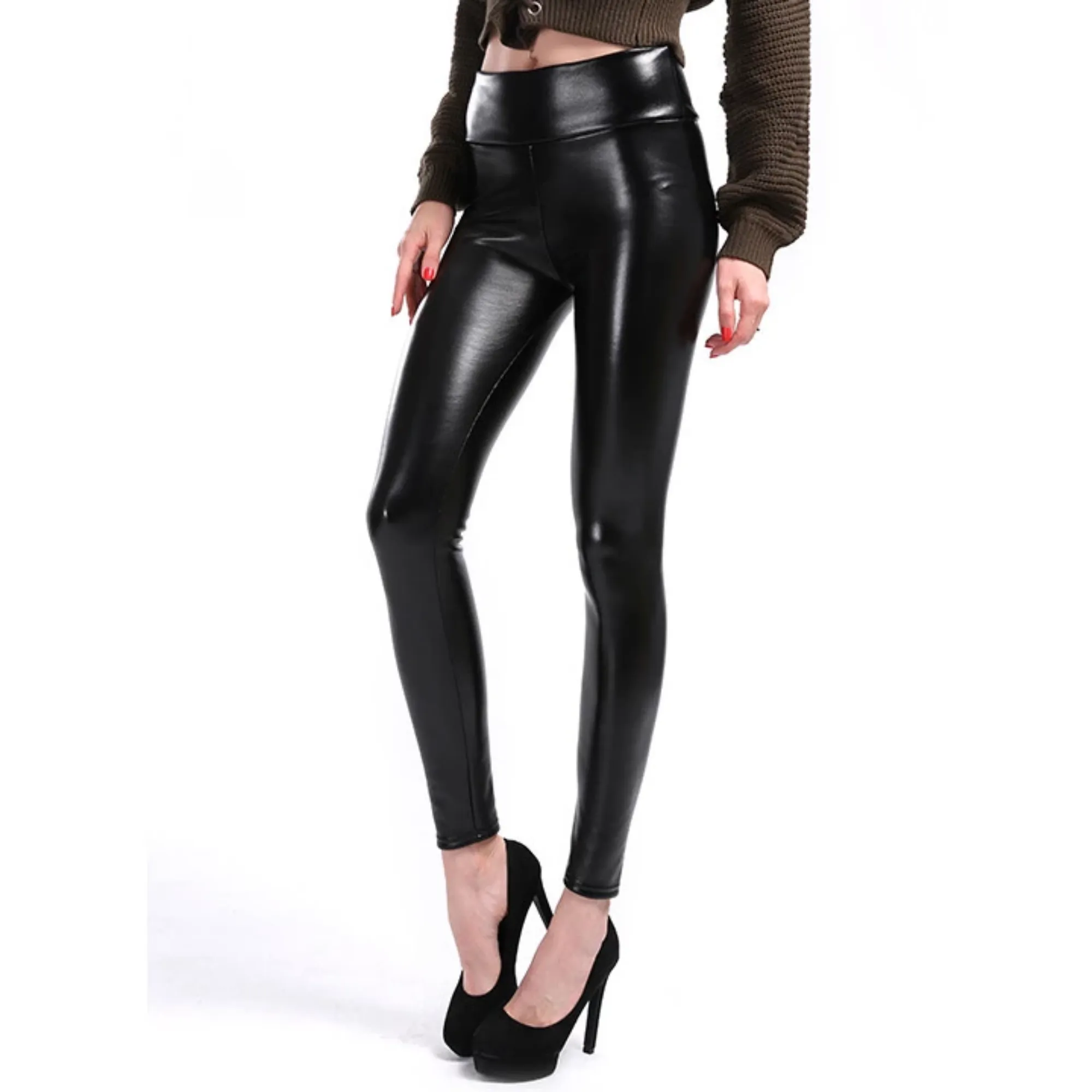 Women's Winter Casual High-Waist Faux Leather Warm Leggings